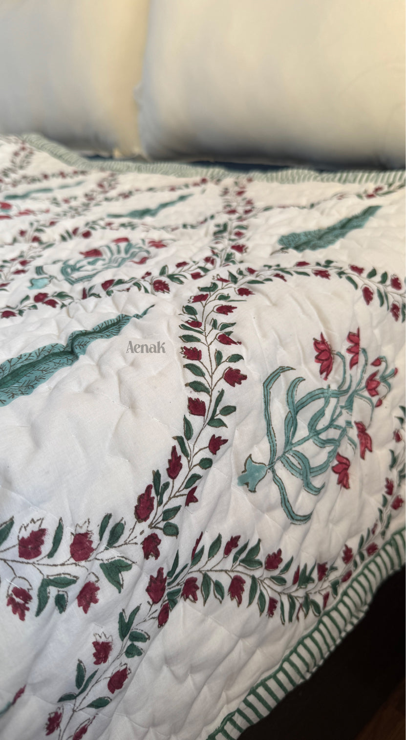 Teal Green Cypress Jaal Handblock Bedsheet + Quilt Combo