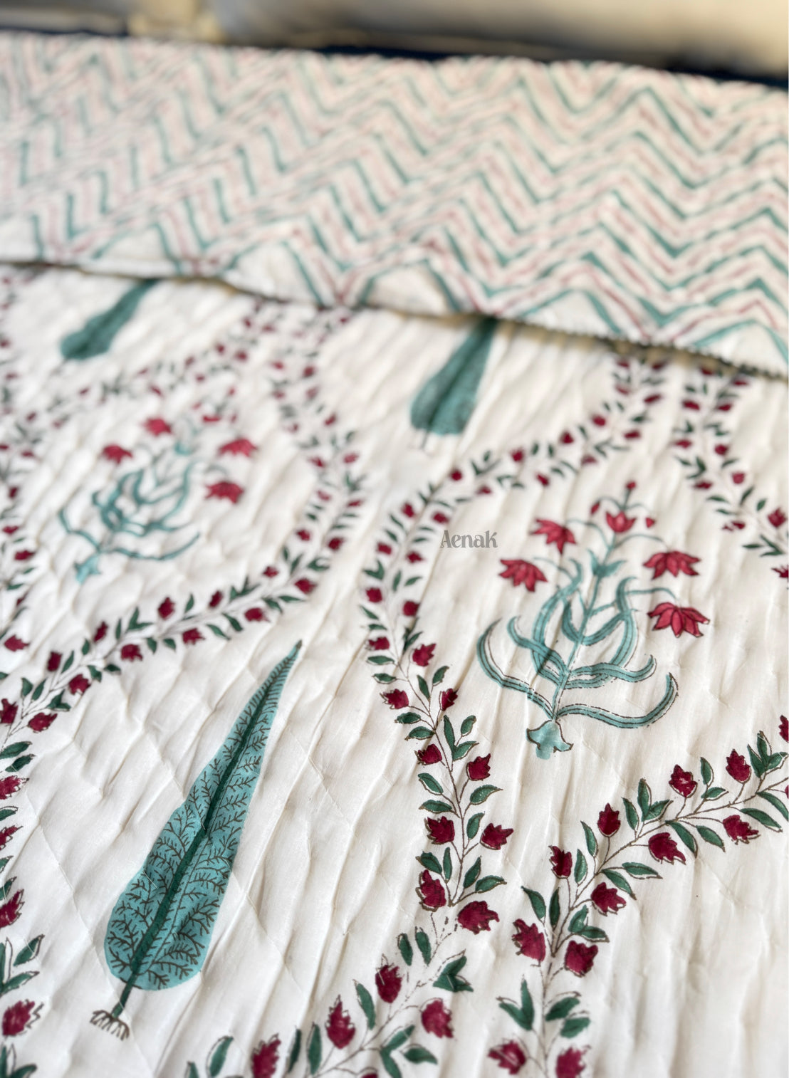 Teal Green Jaal Handblock Reversible Mulmul Cotton Quilt