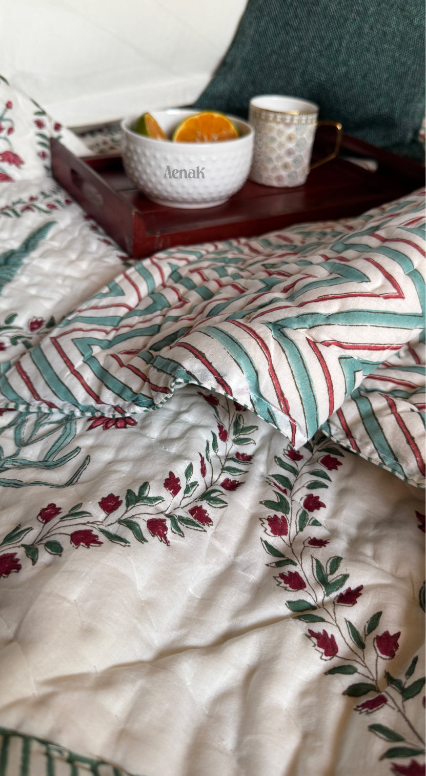 Teal Green Cypress Jaal Handblock Bedsheet + Quilt Combo