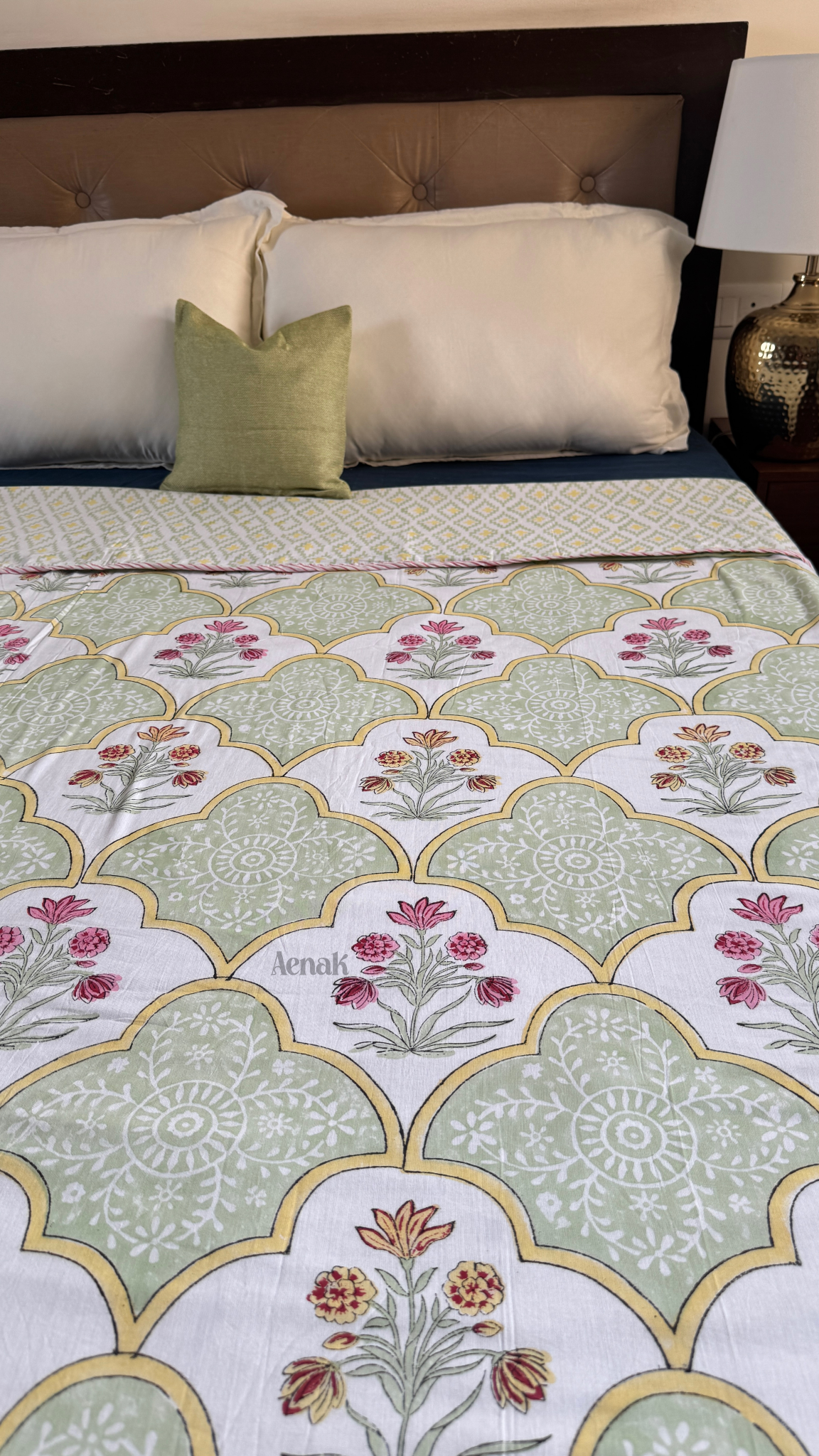 Mint Green & Yellow Handblock Bedsheet + Dohar Combo