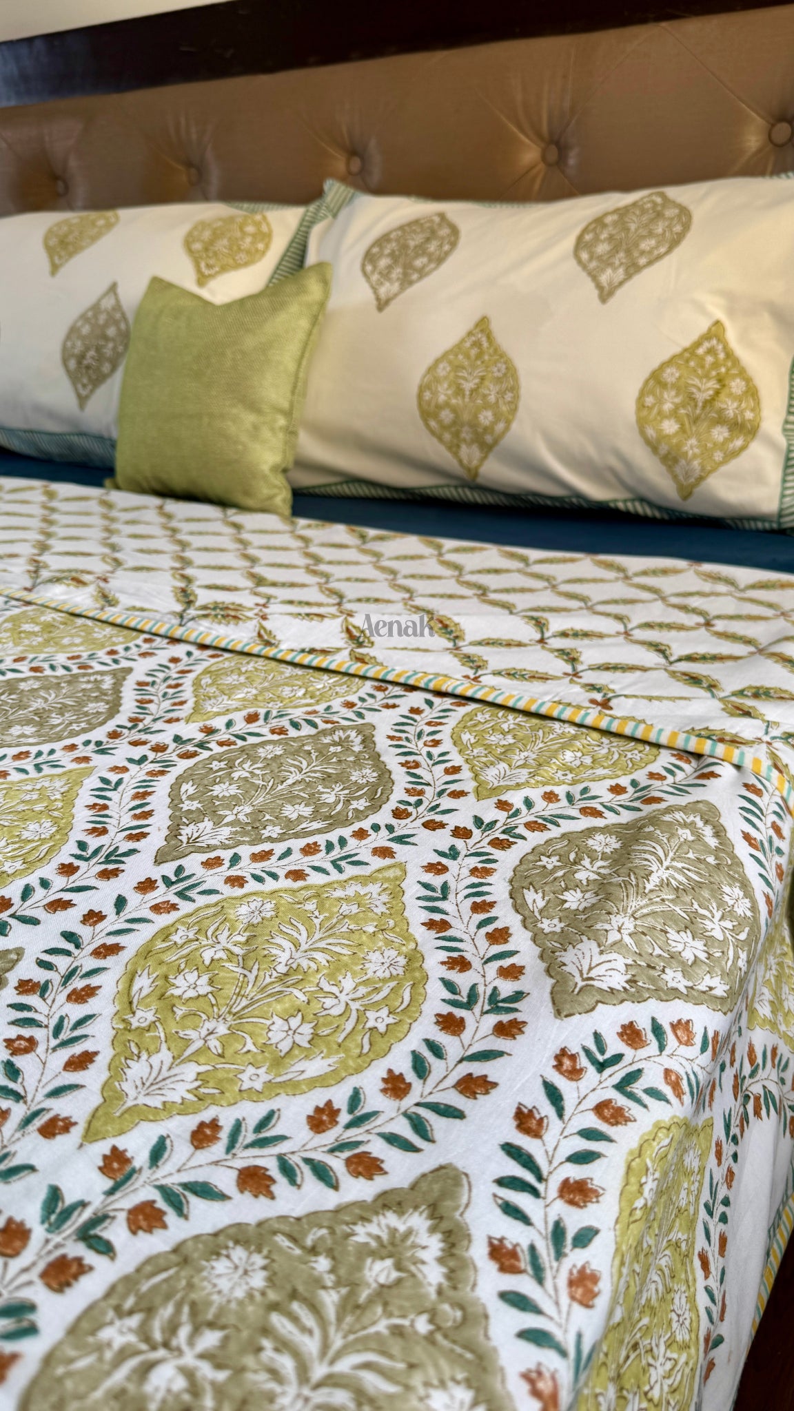 Green Jaal Handblock Bedsheet + Dohar Combo Set