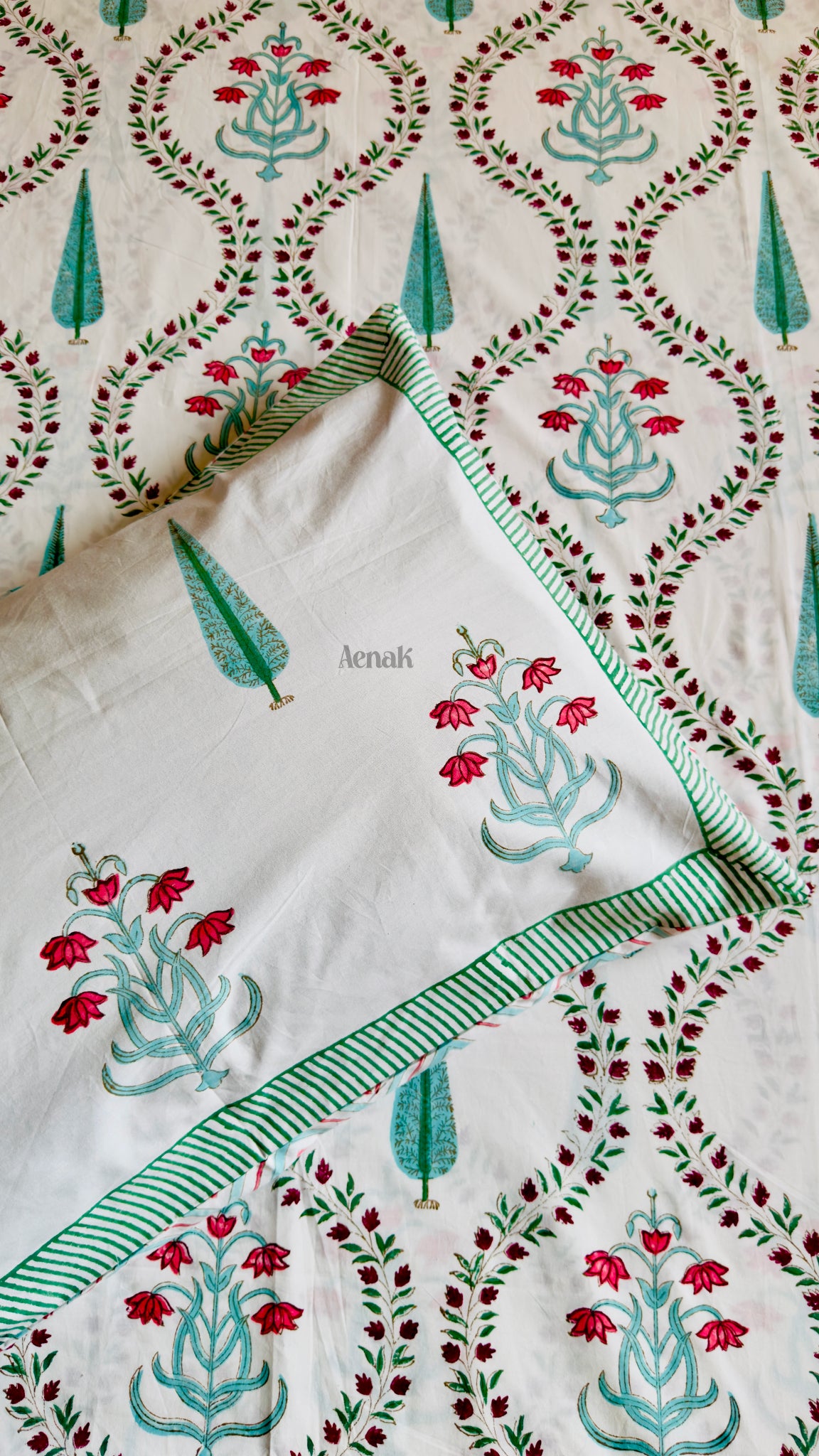 Teal Green Jaal Handblock Bedsheet + Dohar Combo