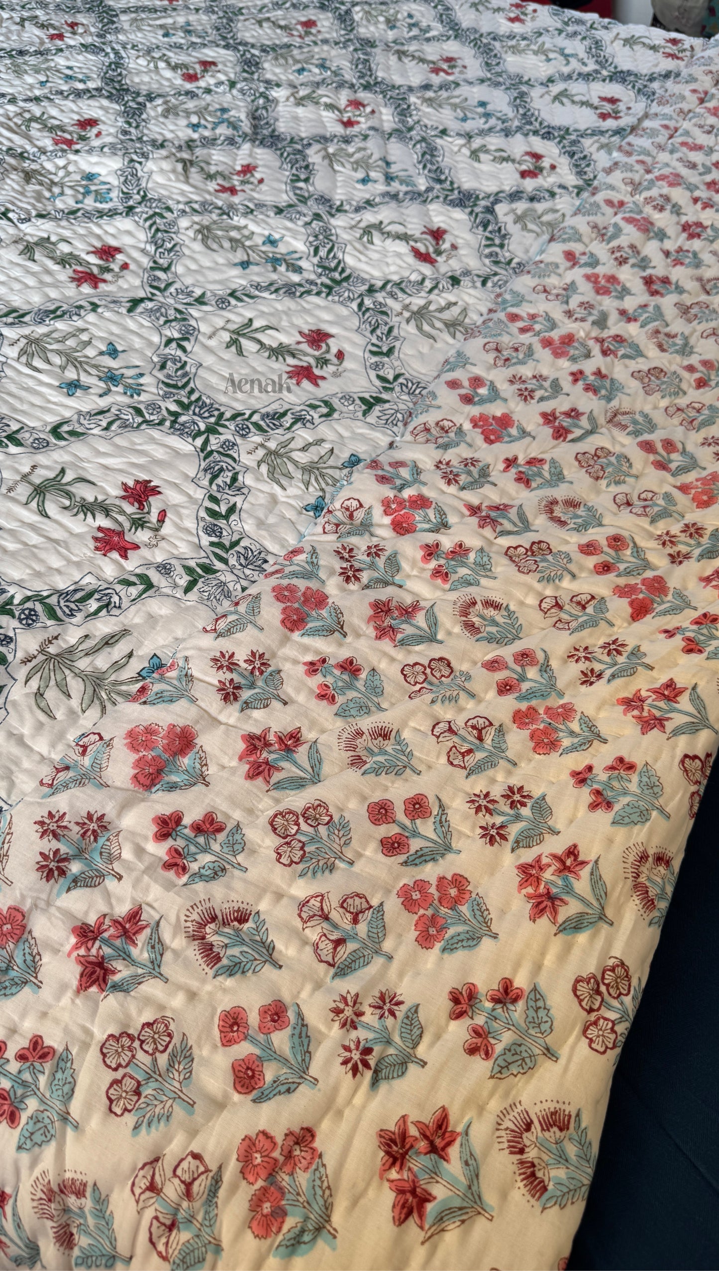 Red & Blue Floral Jaal Handblock Bedsheet + Quilt Combo