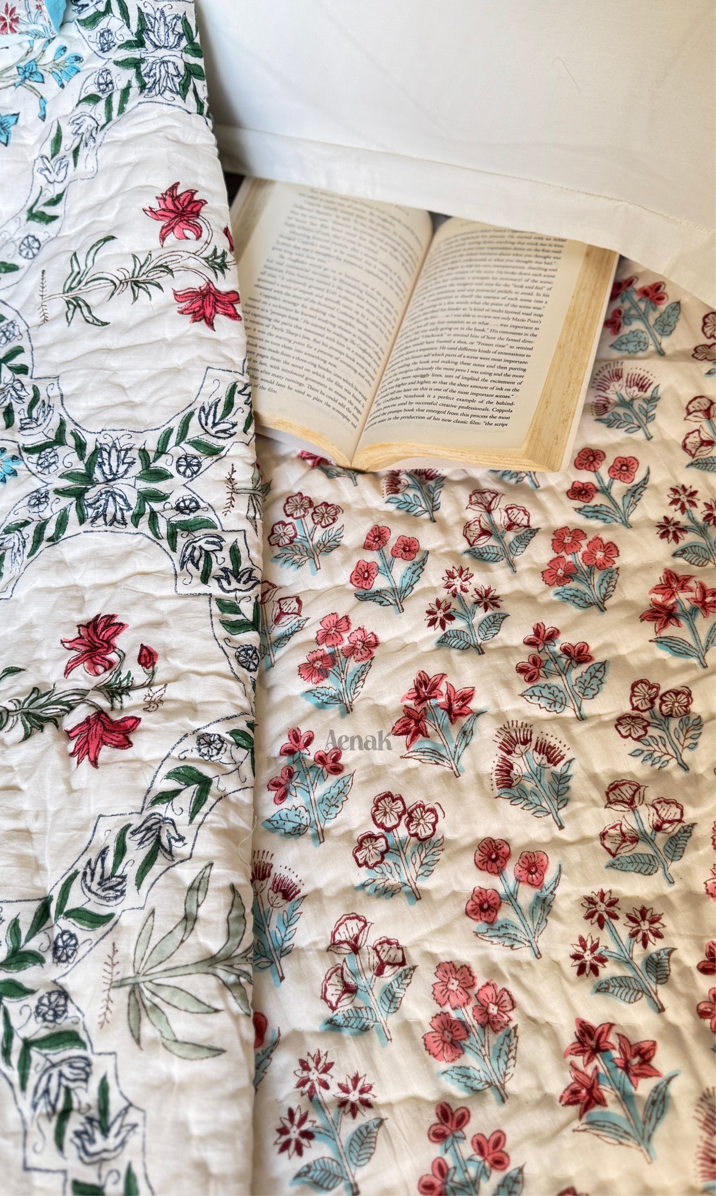 Red & Blue Floral Jaal Handblock Bedsheet + Quilt Combo