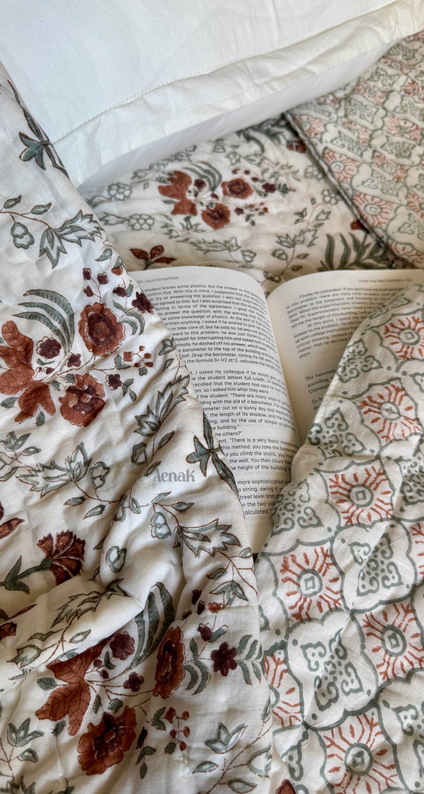 Brown Floral Handblock Printed Reversible Mulmul Cotton Quilt