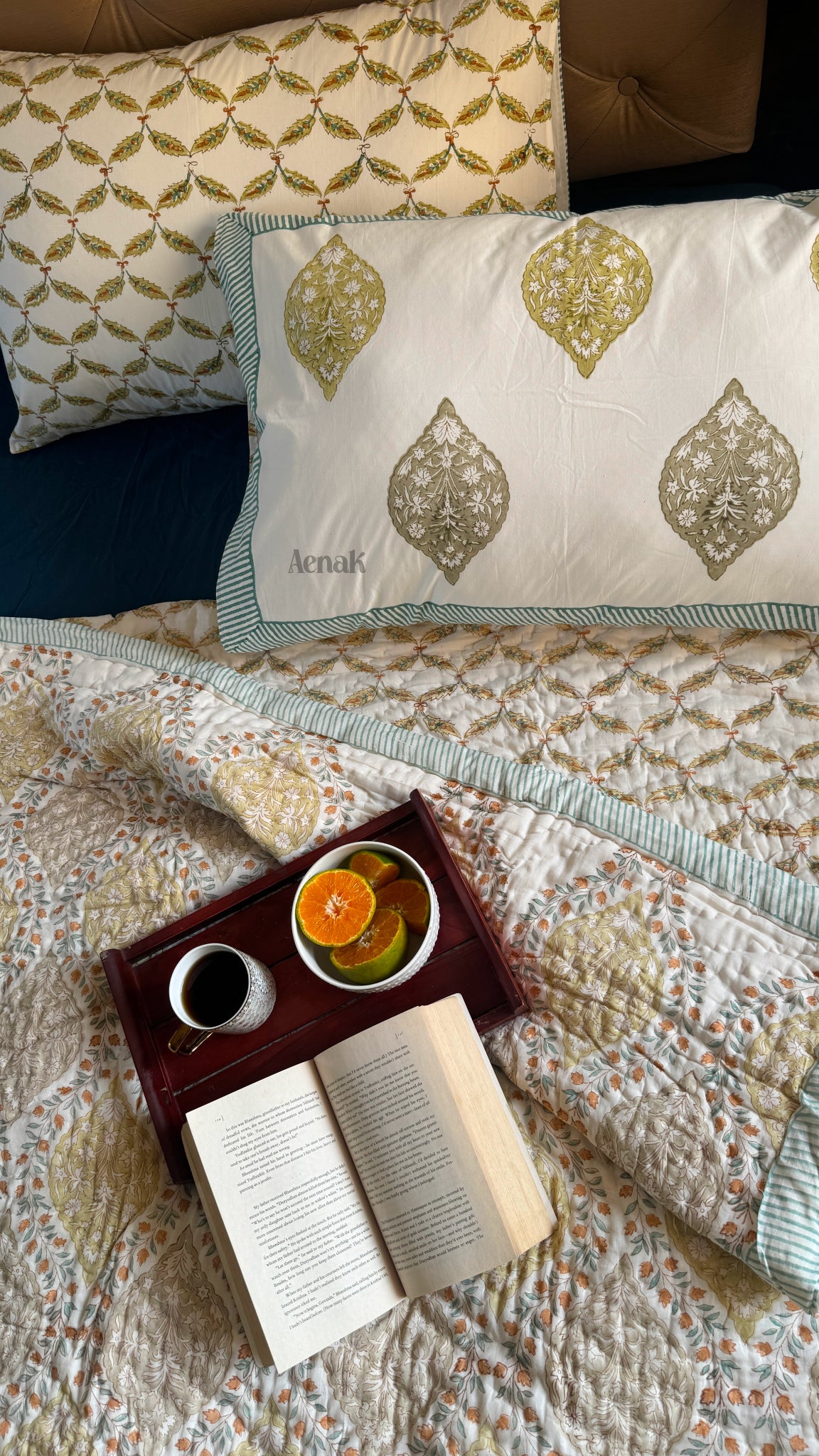 Green Jaal Handblock Bedsheet + Quilt Combo