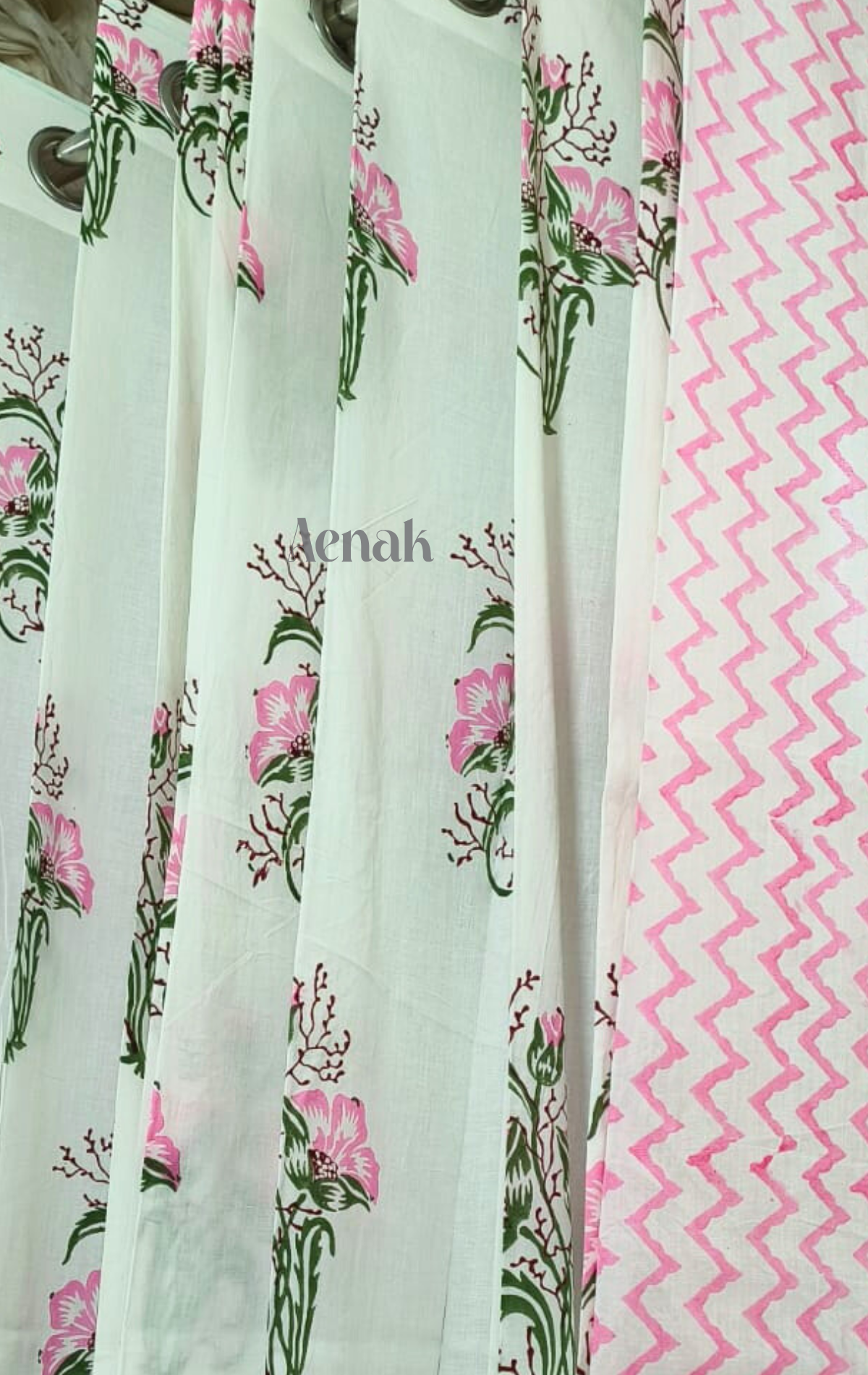 Pink & Green Hibiscus Eyelet Handblock Curtains