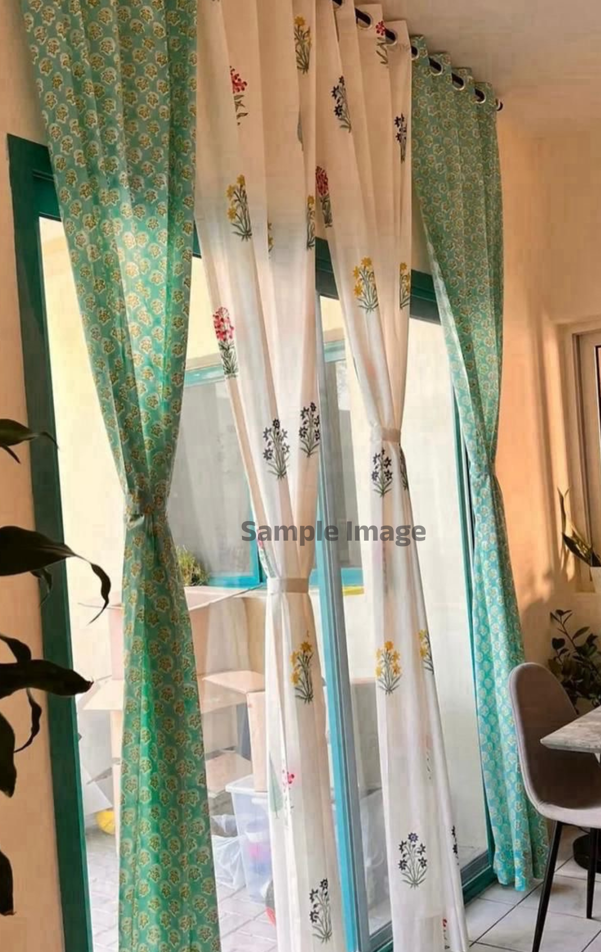 Pink & Blue Madhumati Eyelet Handblock Curtains