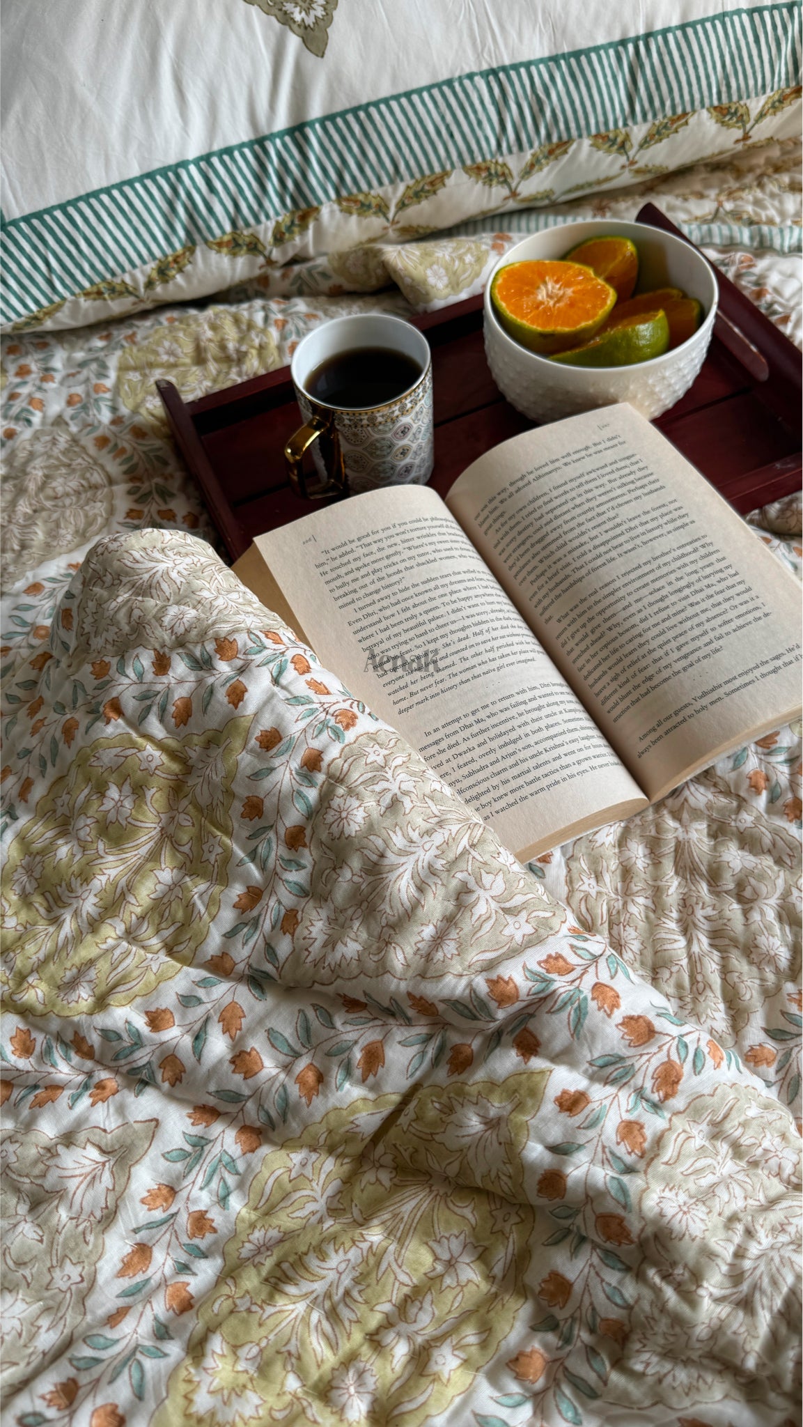 Green Jaal Handblock Bedsheet + Quilt Combo