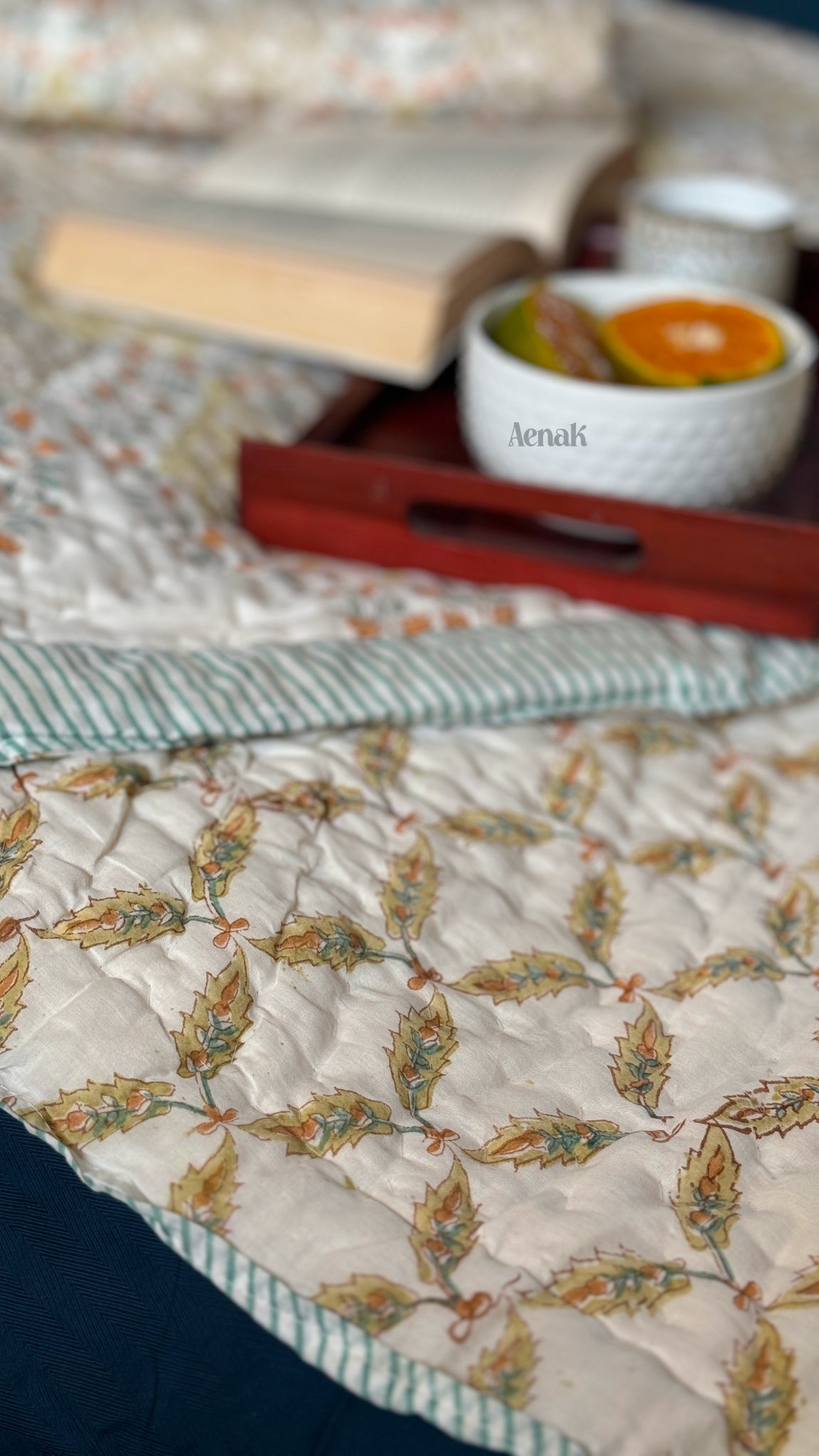 Green Jaal Handblock Bedsheet + Quilt Combo