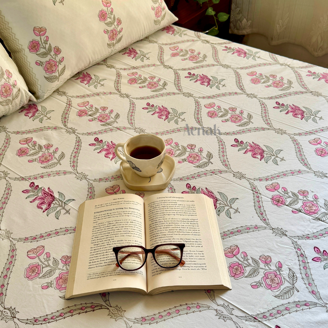 Pink Periwinkle Jaal Handblock Bedsheet + Quilted Bedcover Combo