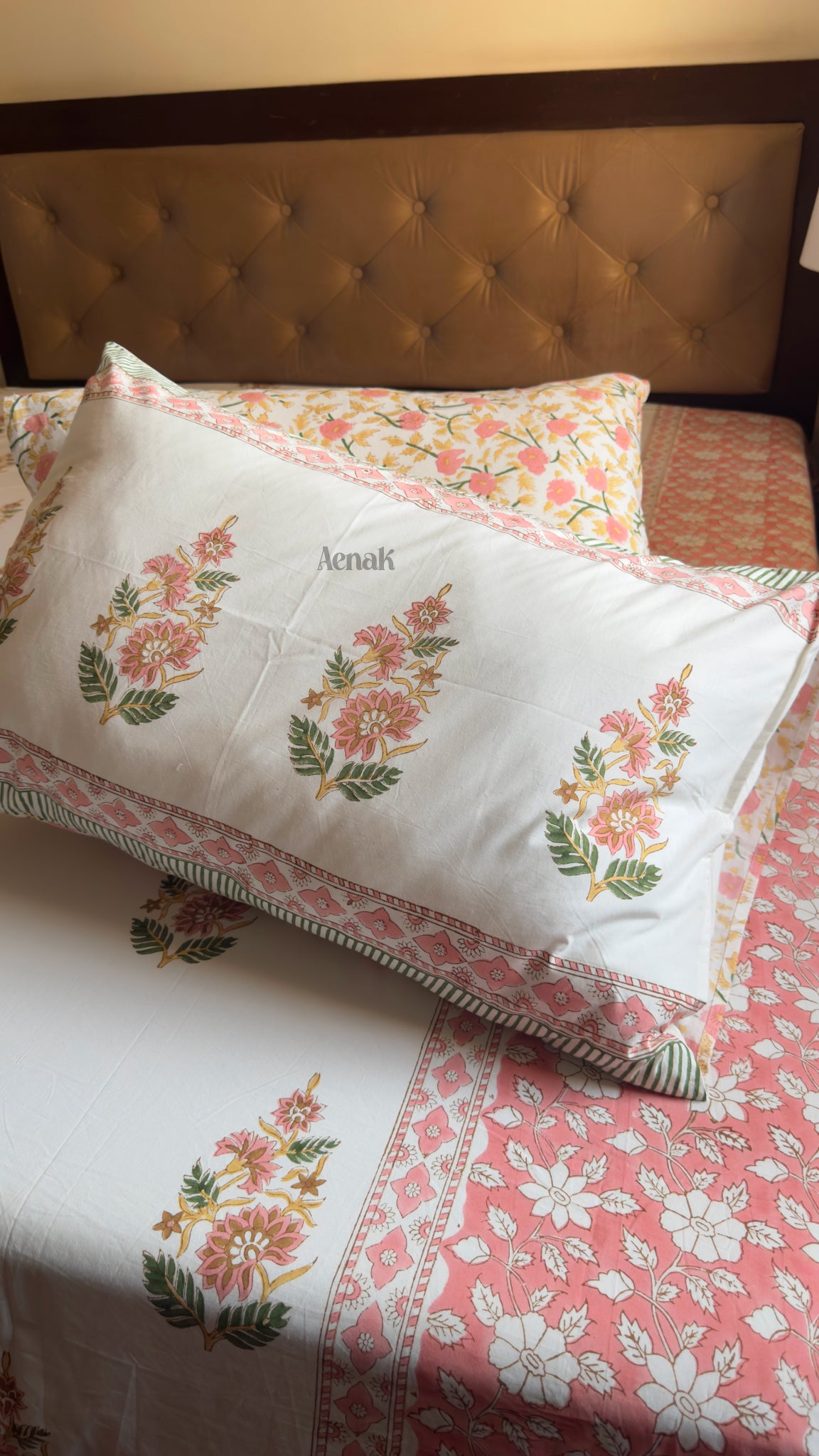 Pink Dahlia Handblock Premium Cotton Fitted Bedsheet Set