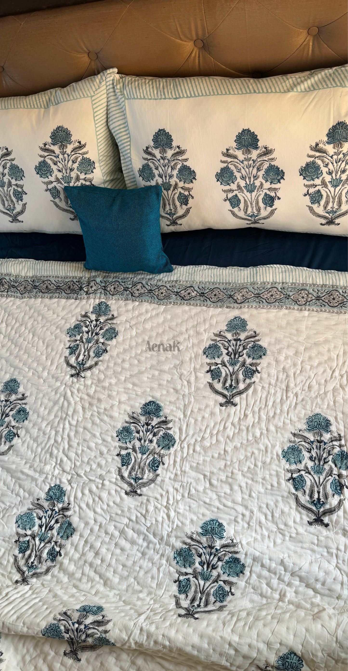 Teal Blue Dahlia Handblock Bedsheet + Quilt Combo