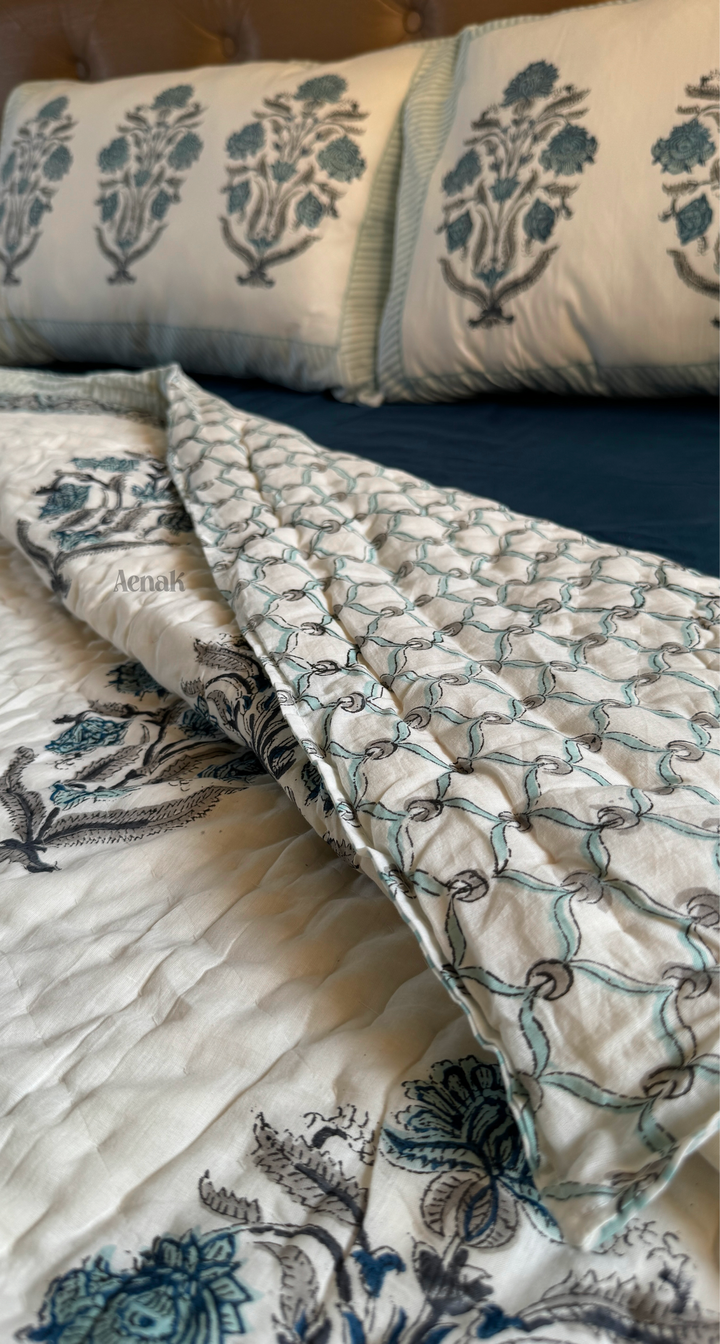 Teal Blue Dahlia Handblock Bedsheet + Quilt Combo
