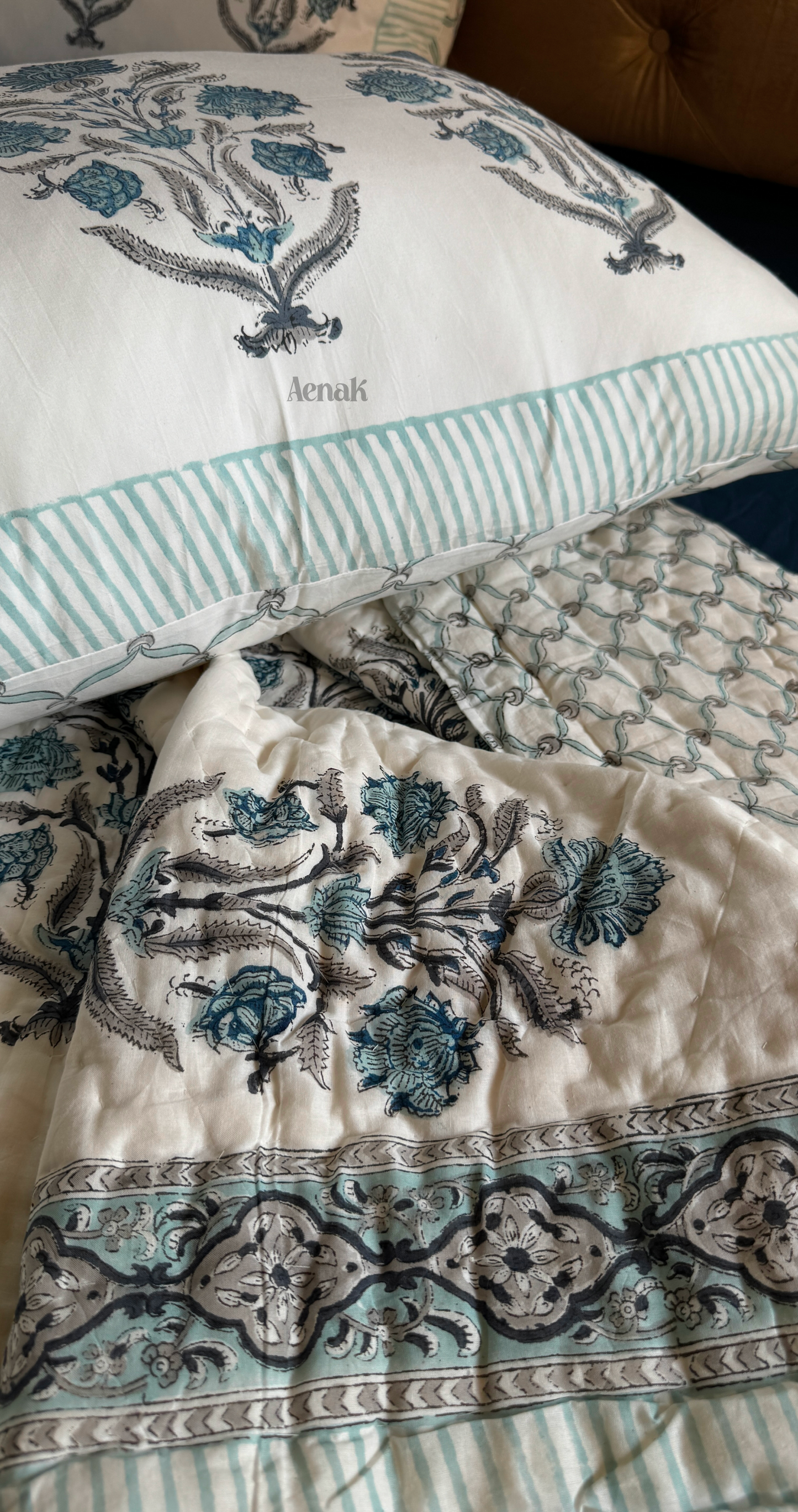 Teal Blue Dahlia Handblock Bedsheet + Quilt Combo