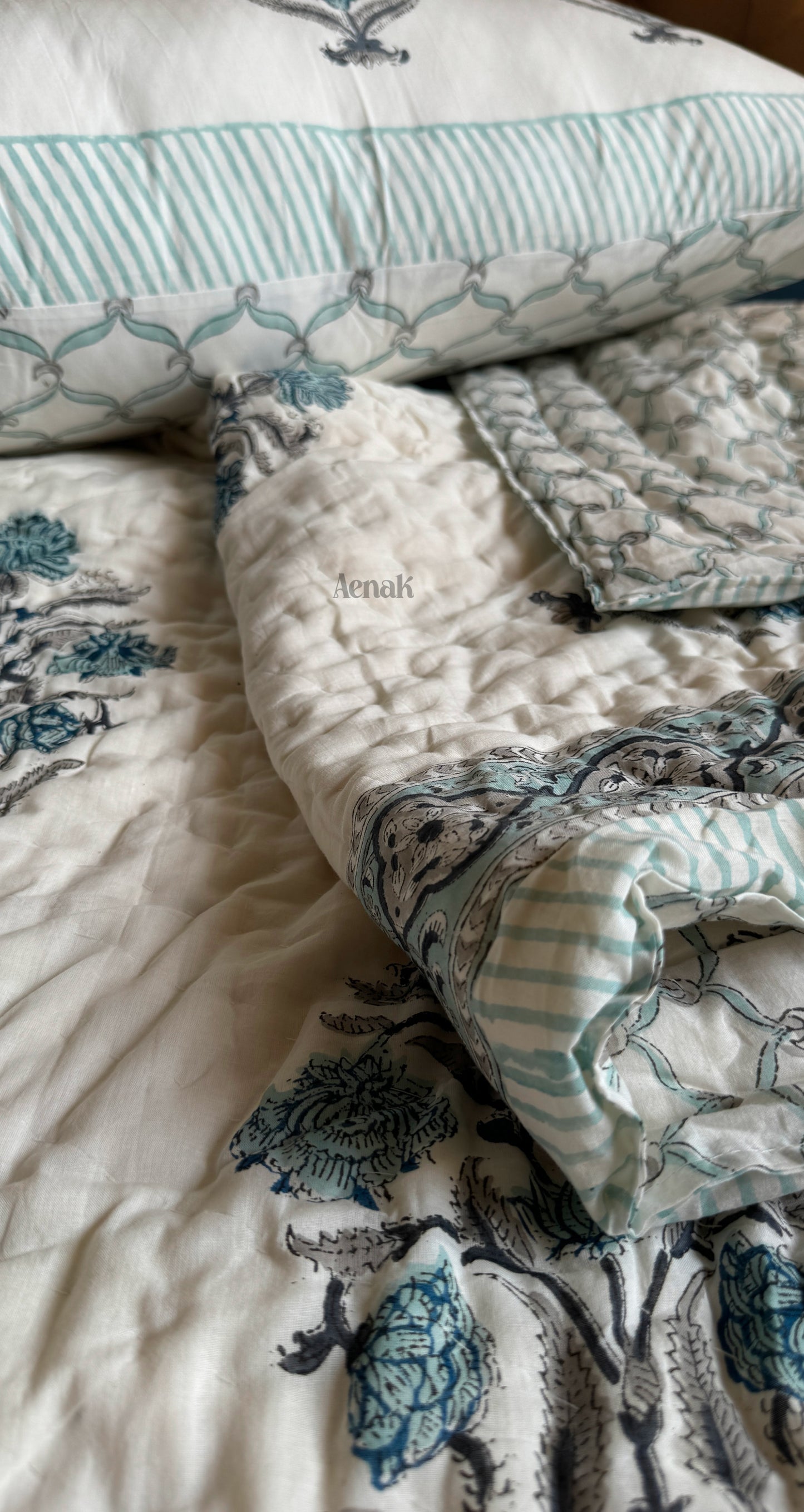 Teal Blue Dahlia Handblock Bedsheet + Quilt Combo