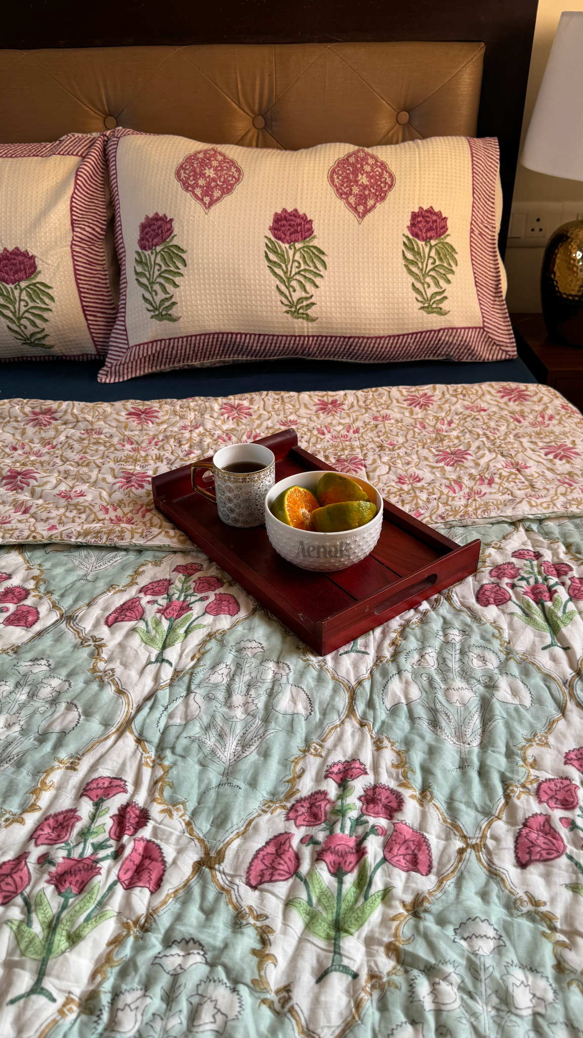 Green & Red Dahlia Handblock Bedsheet + Quilt Combo