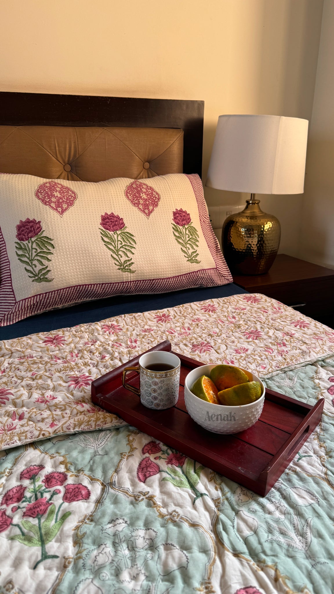 Green & Pink Dahlia Handblock Printed Reversible Mulmul Cotton Quilt