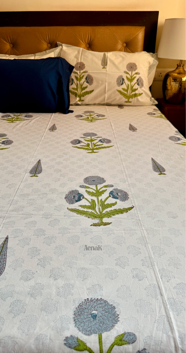 Blue Dahlia Handblock Bedsheet + Quilted Bedcover Combo