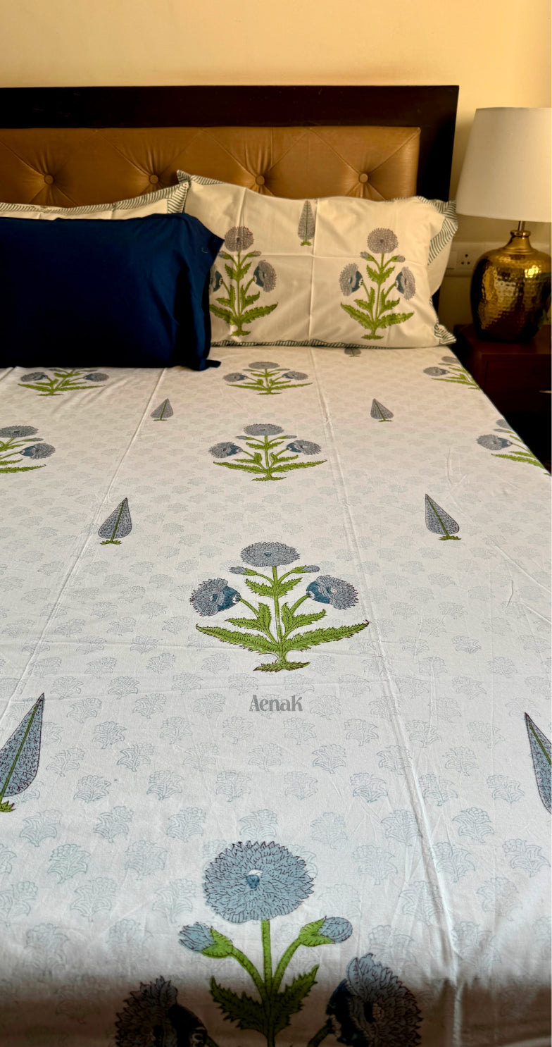 Blue Dahlia Handblock Bedsheet + Quilted Bedcover Combo