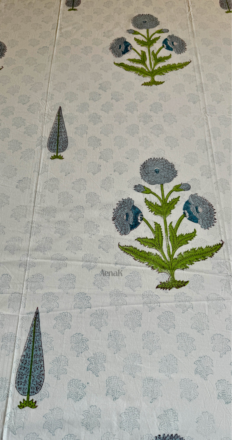 Blue Dahlia Handblock Bedsheet + Quilted Bedcover Combo