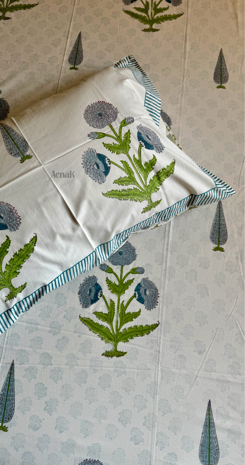 Blue Dahlia Handblock Printed Premium Cotton Fitted Bedsheet Set