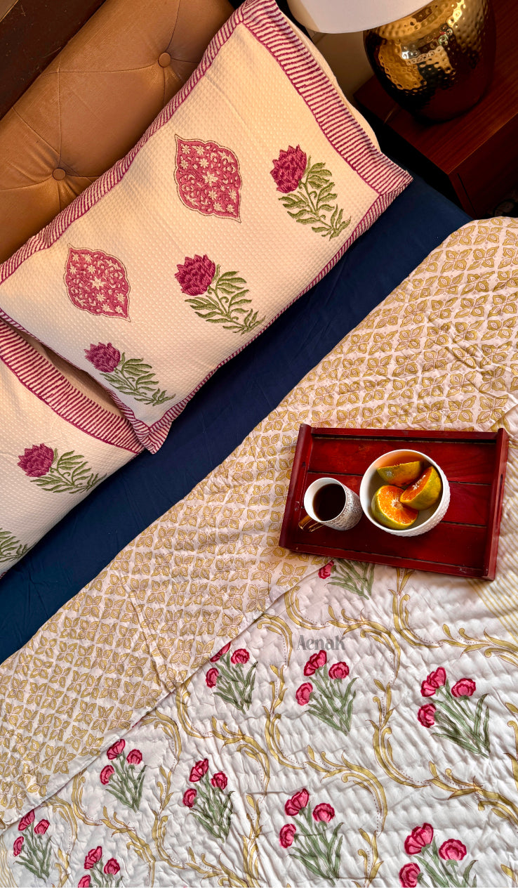 Key Lime Yellow Jaal Handblock Printed Reversible Mulmul Cotton Quilt