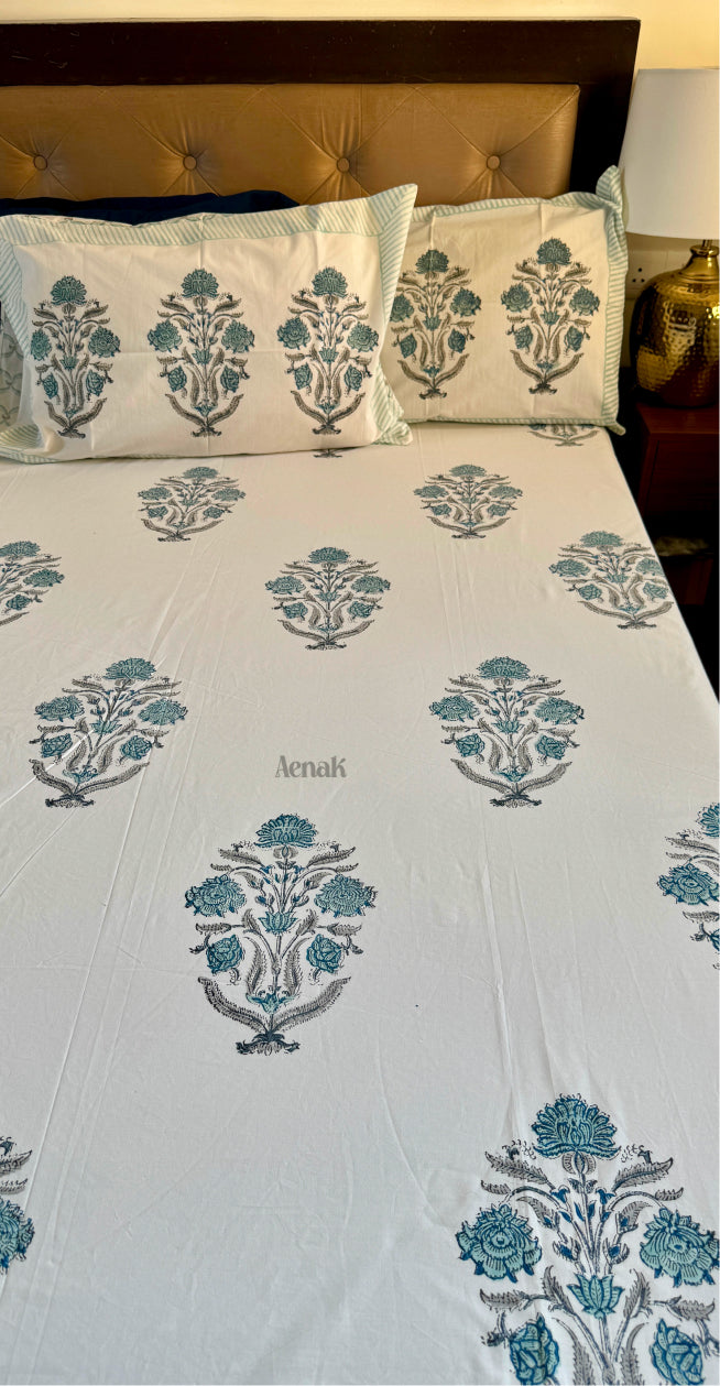 Teal Blue Dahlia Handblock Printed Premium Cotton Bedsheet