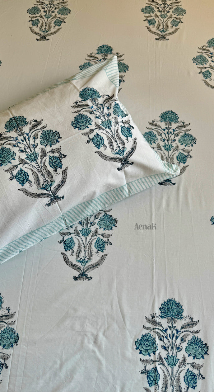 Teal Blue Dahlia Handblock Printed Premium Cotton Bedsheet