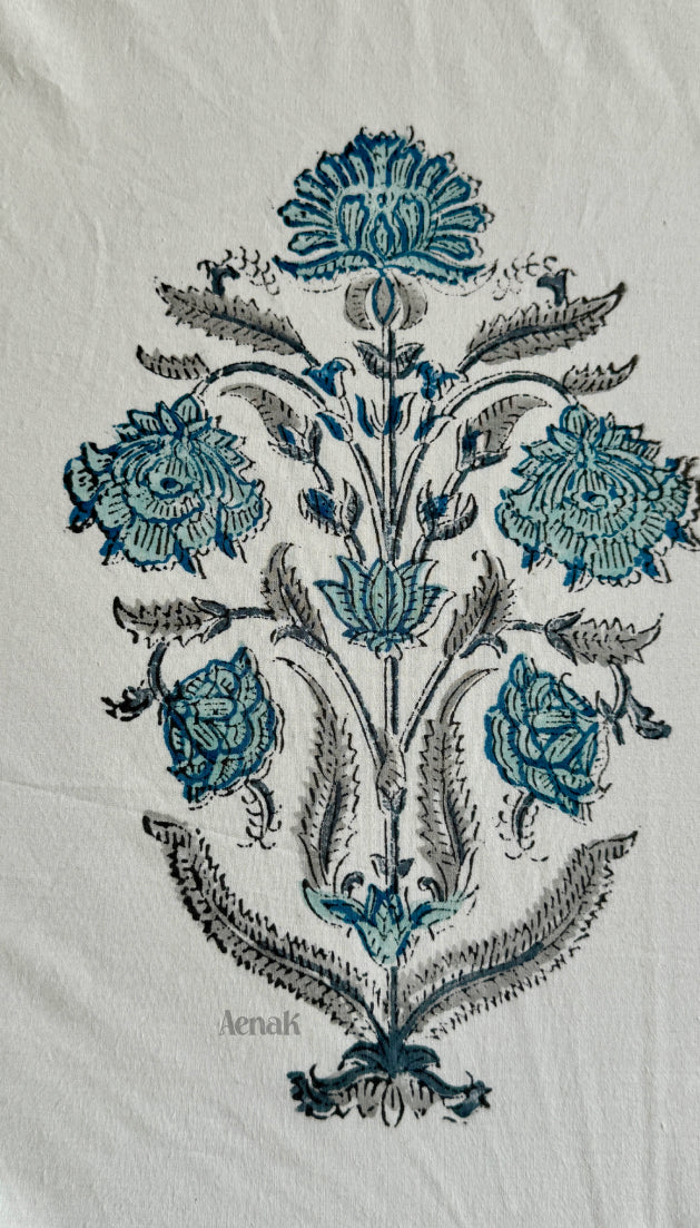 Teal Blue Dahlia Handblock Premium Cotton Bedsheet