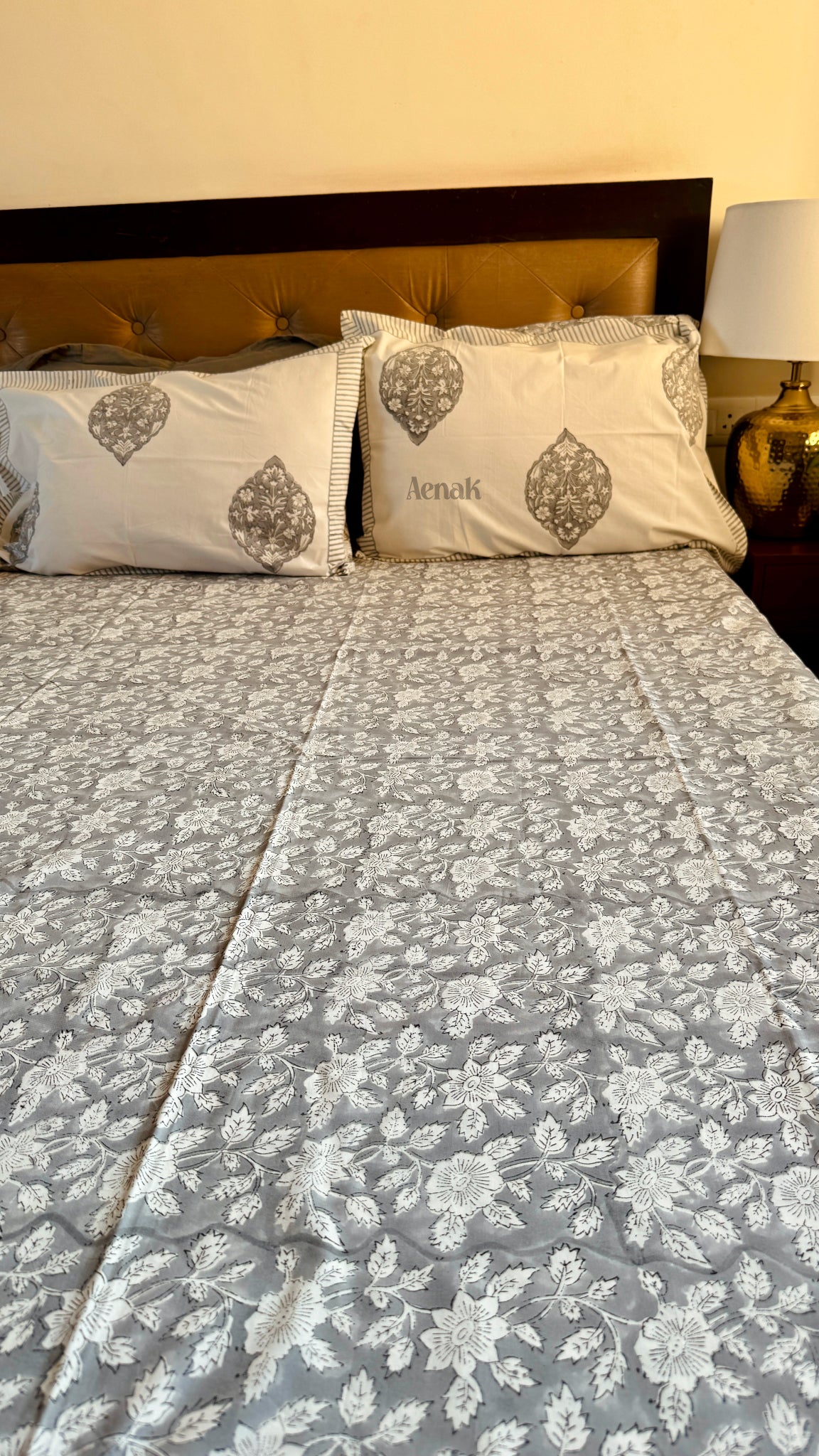 Grey Floral Handblock Printed Premium Cotton Bedsheet