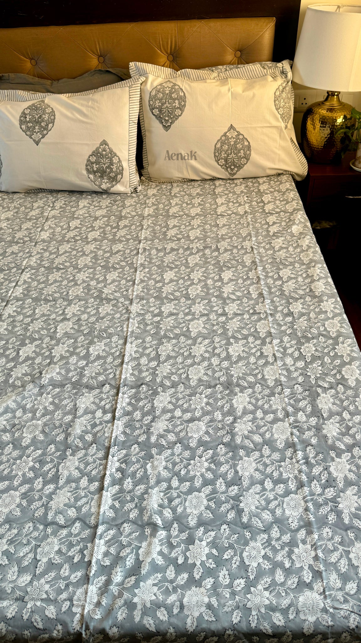 Grey Floral Handblock Printed Premium Cotton Bedsheet