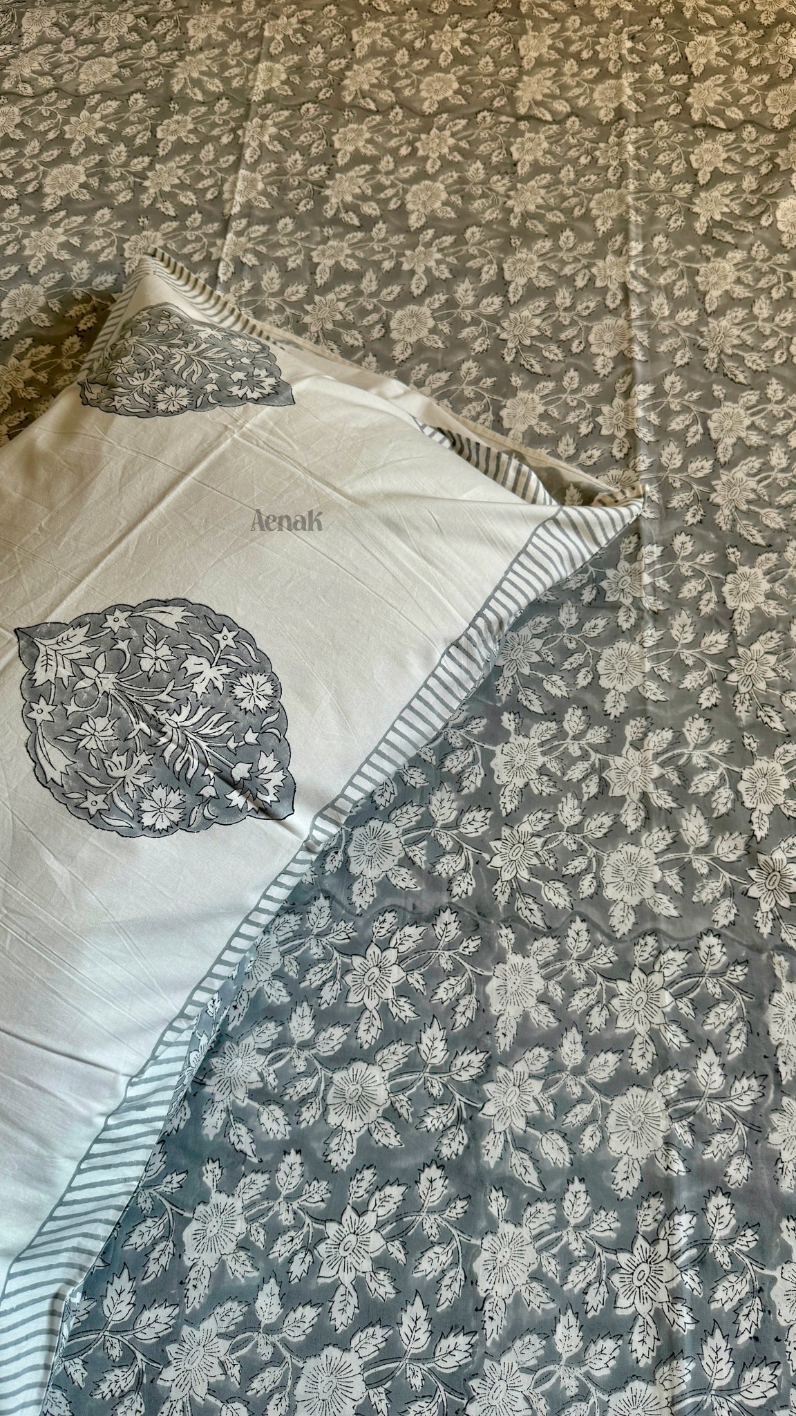 Grey Floral Handblock Printed Premium Cotton Bedsheet