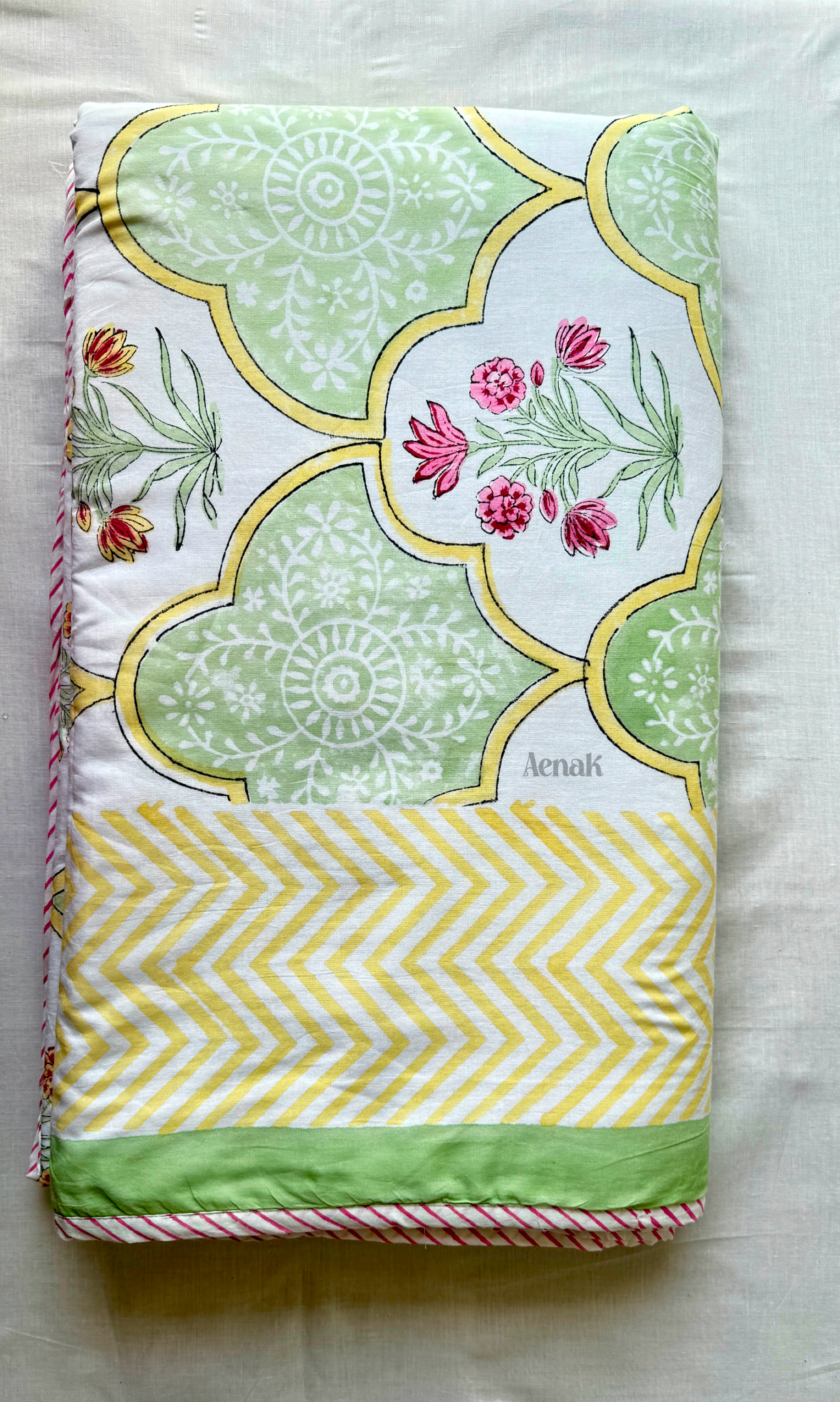 Mint Green & Yellow Handblock Bedsheet + Dohar Combo