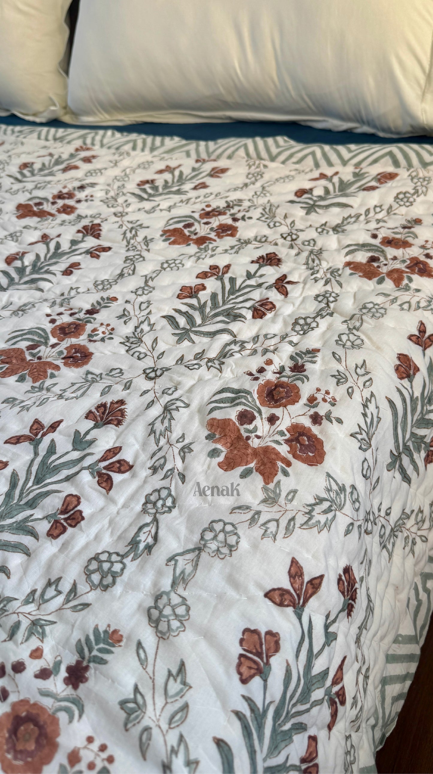 Brown Floral Handblock Printed Reversible Mulmul Cotton Quilt