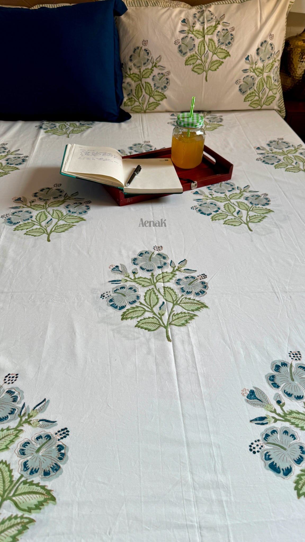 Blue Hibiscus Handblock Printed Premium Cotton Bedsheet
