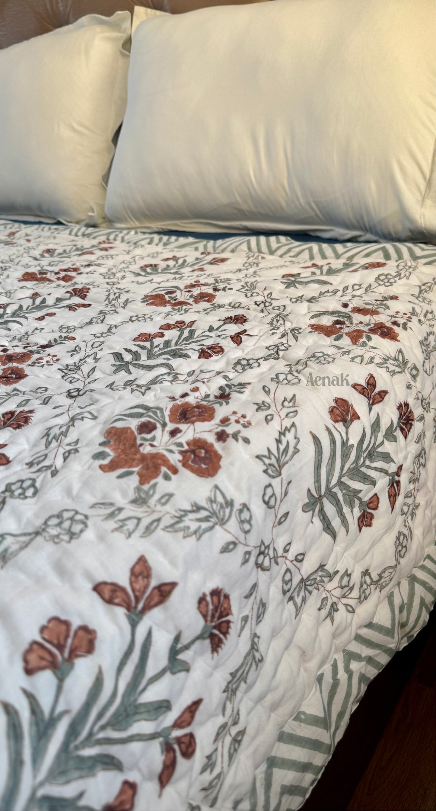 Brown Floral Handblock Printed Reversible Mulmul Cotton Quilt