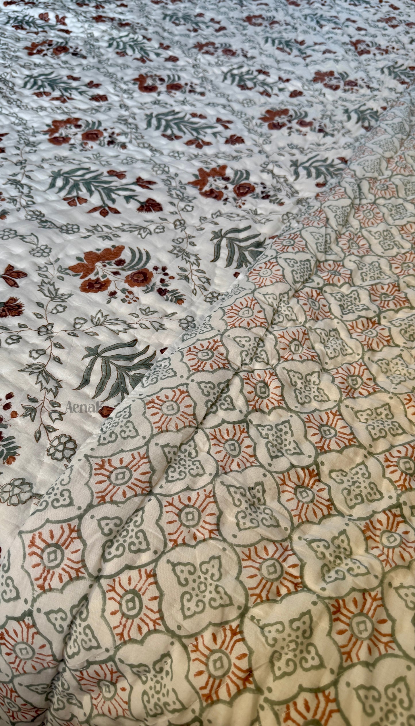 Brown Floral Handblock Printed Reversible Mulmul Cotton Quilt