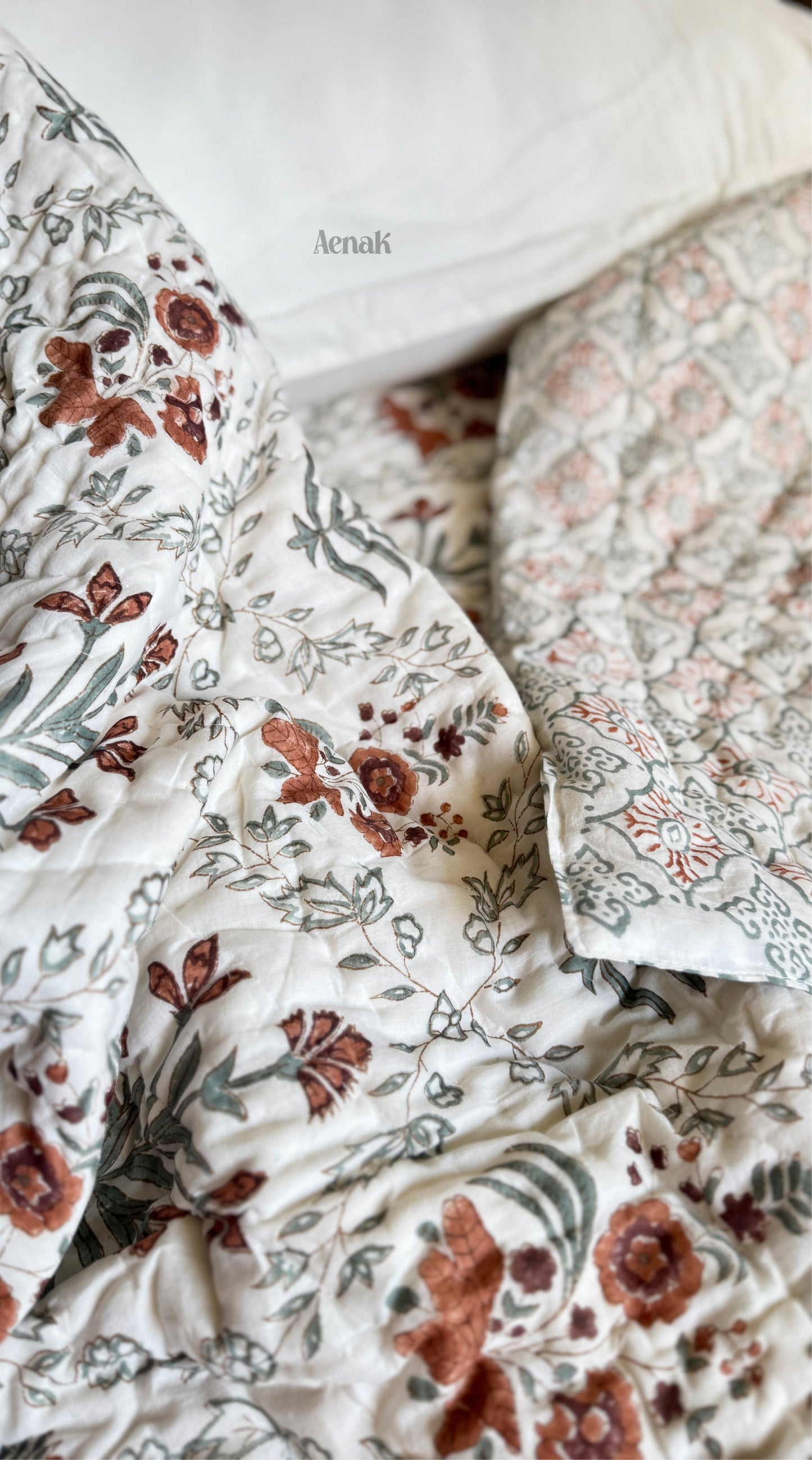 Brown Floral Handblock Printed Reversible Mulmul Cotton Quilt
