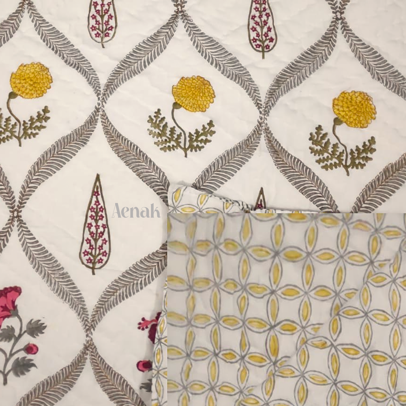 Grey Yellow Jaal Handblock Printed Reversible Mulmul Cotton Quilt