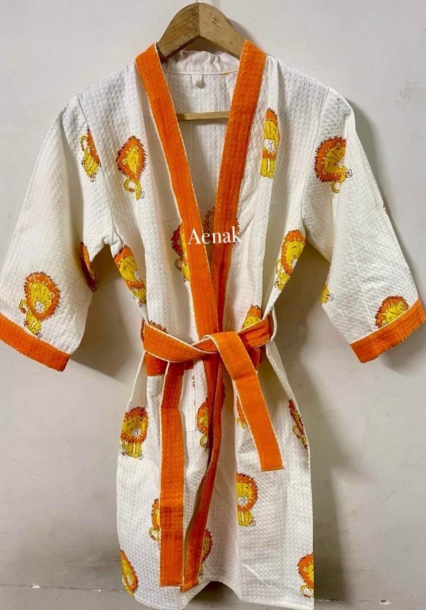 Yellow Lion Handblock Cotton Bathrobe Set
