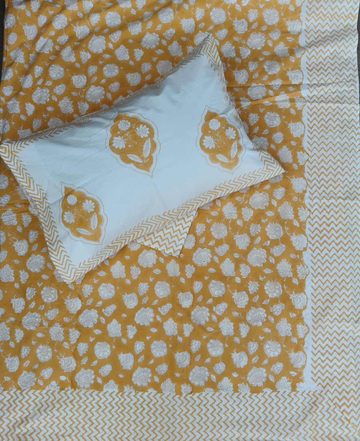Yellow floral garden Handblock Printed Premium Cotton Fitted Bedsheet
