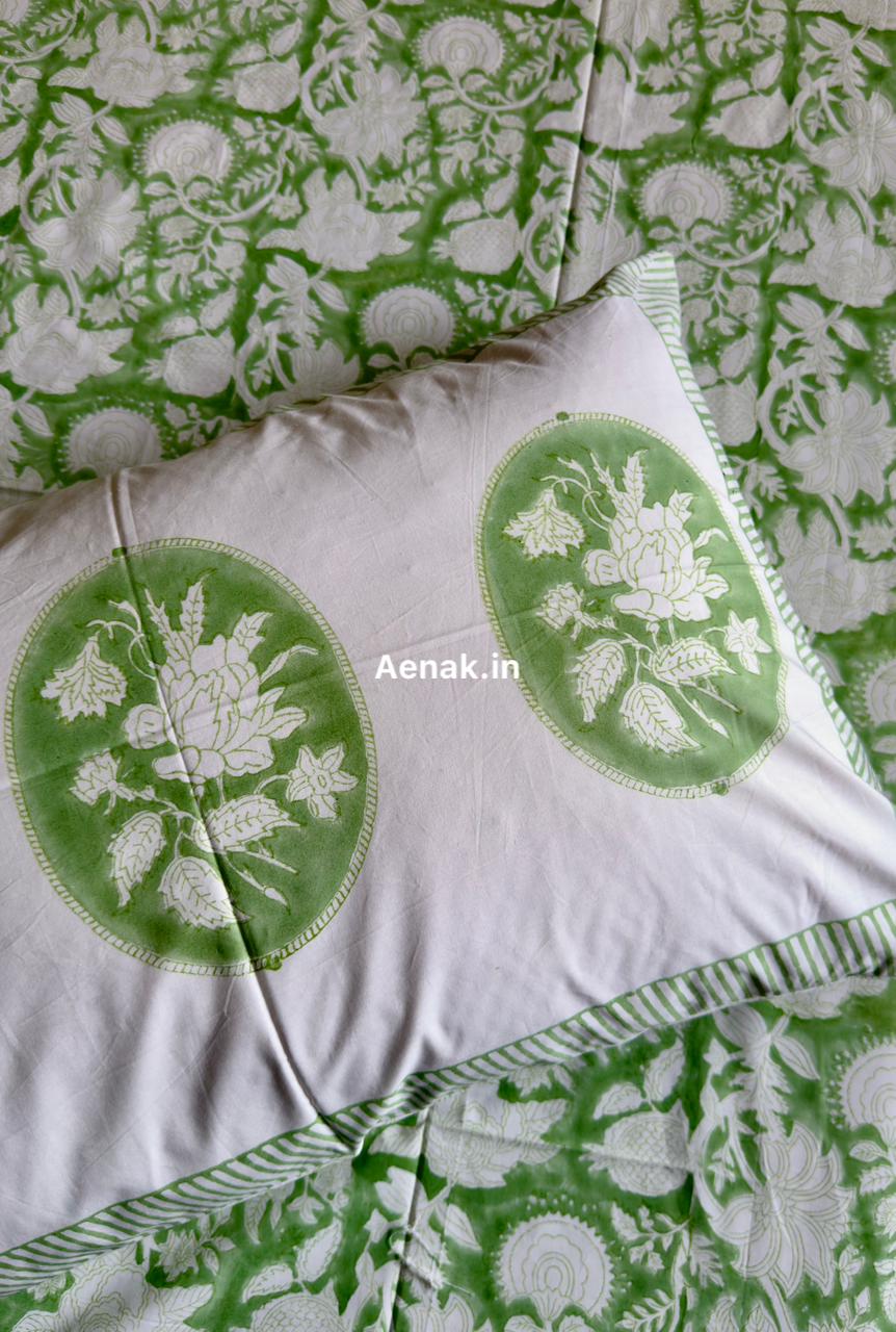 Green Garden Handblock Bedsheet + Quilted Bedcover Combo Set