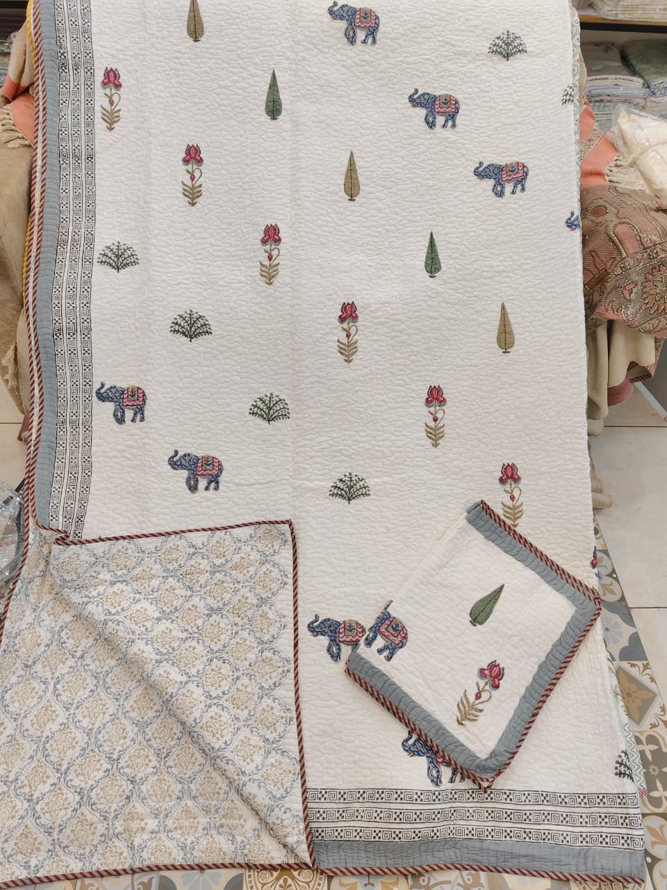 Blue Elephant Handblock Reversible Quilted Cotton Bedcover Set- 105x108