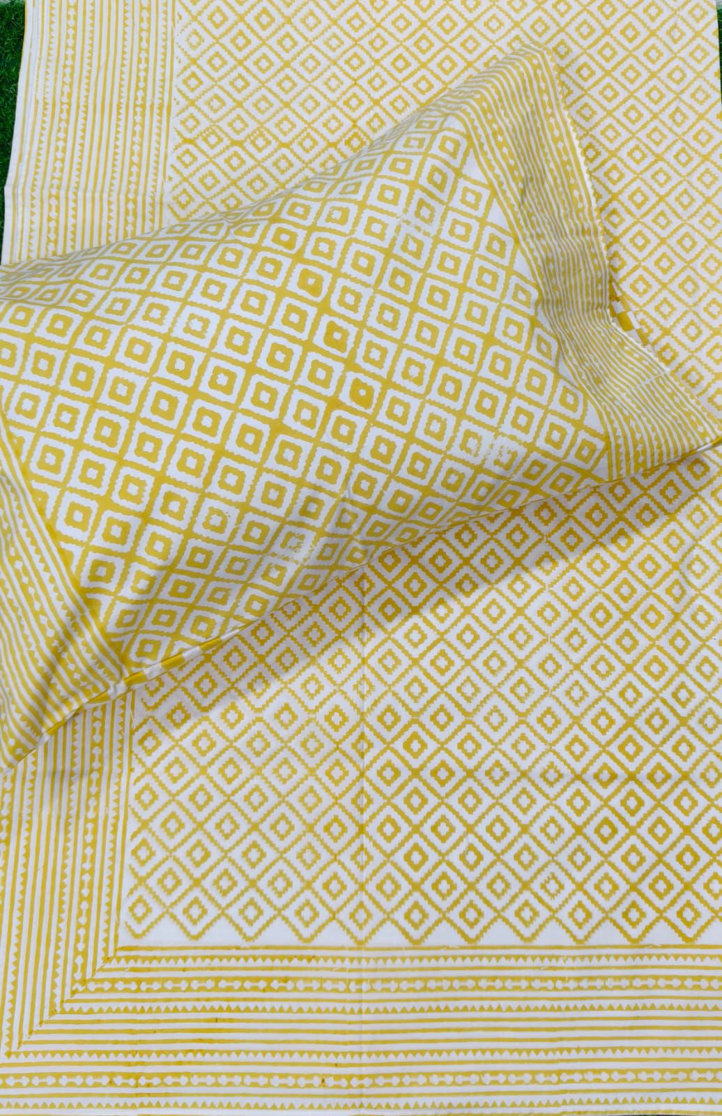 Yellow Jaal Handblock Premium Cotton Bedsheet Set