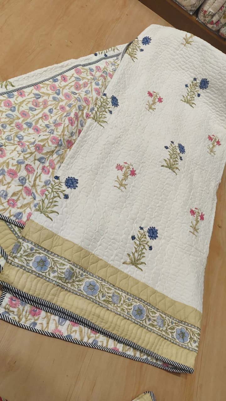 Pink & Blue Floral Handblock Printed Reversible Quilted Cotton Bedcover Set- 105x108