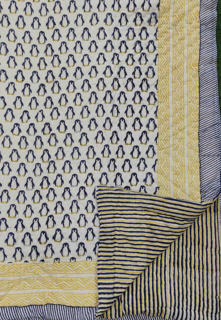 Blue Penguin Handblock Reversible Mulmul Cotton Kids Blanket Set