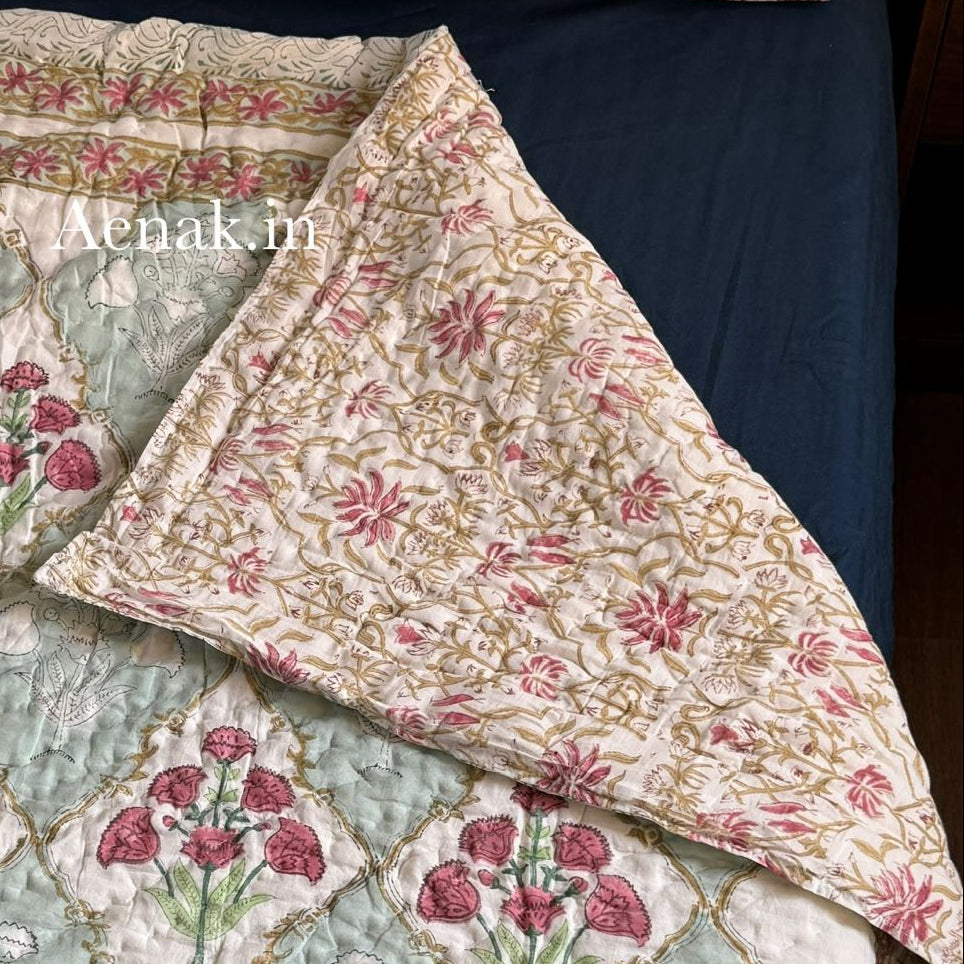 Green & Red Dahlia Handblock Duvet/Quilt Cover