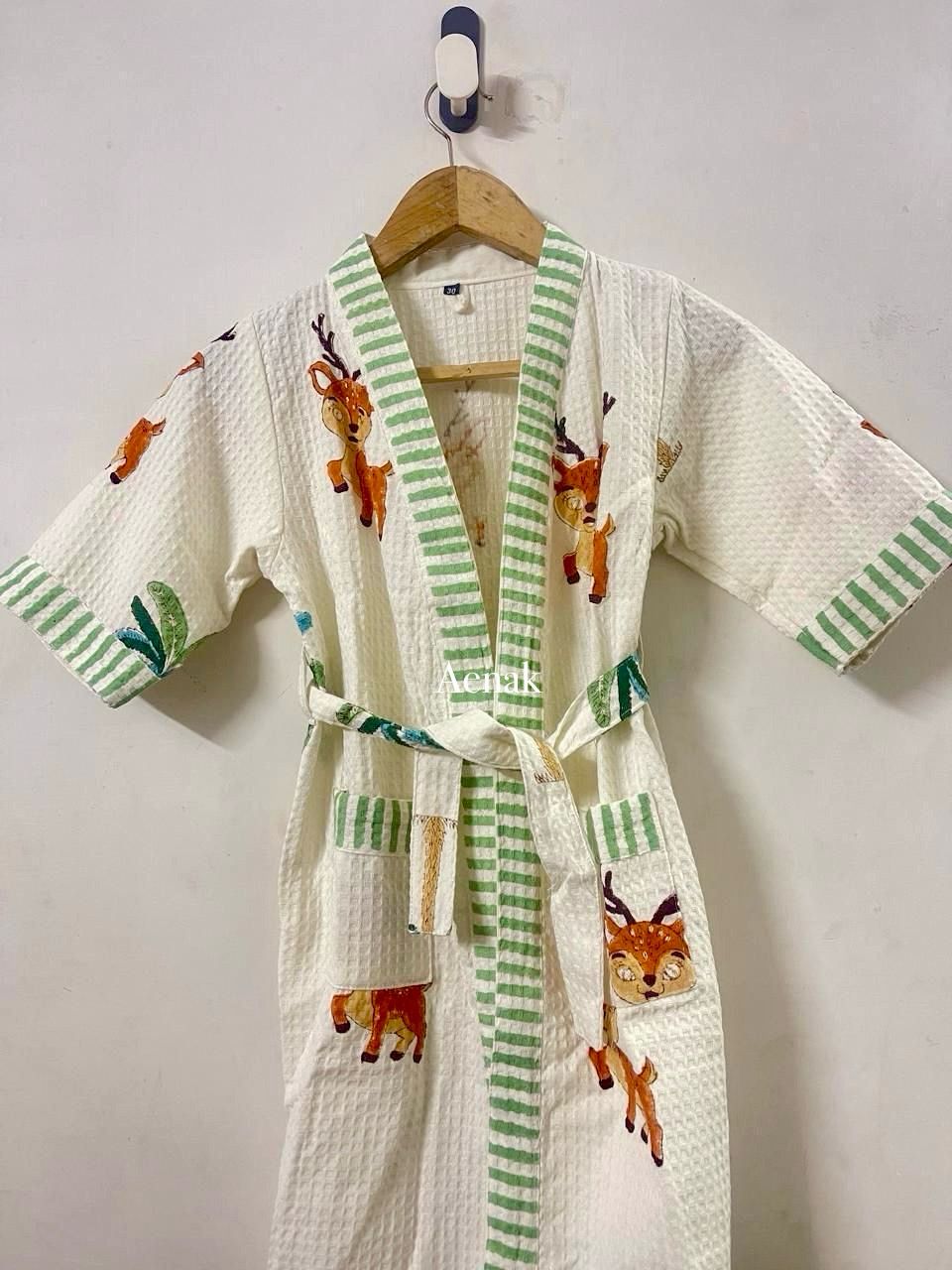 Cute Deer Print Handblock Cotton Bathrobe