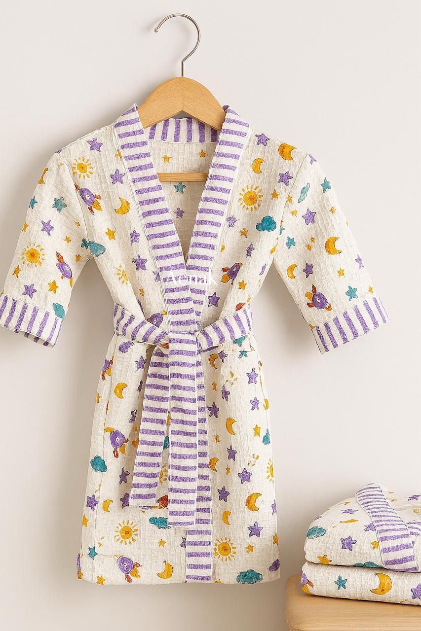 Sun Star & Moon Handblock Cotton Bathrobe